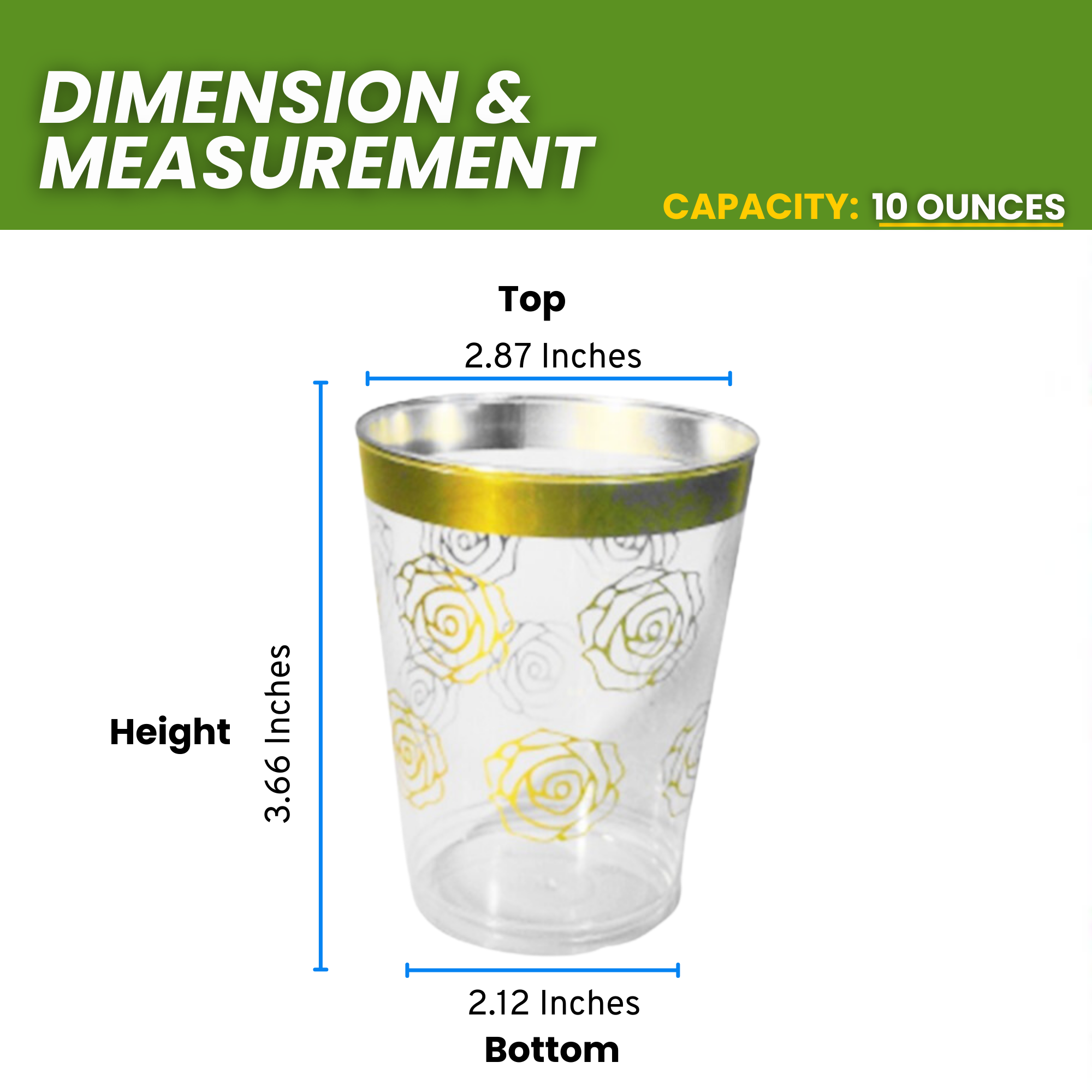 Glasses, Disposable, Plastic, 10oz.capacity, Elegant Gold Rim with Unique Floral Design, 50 pack