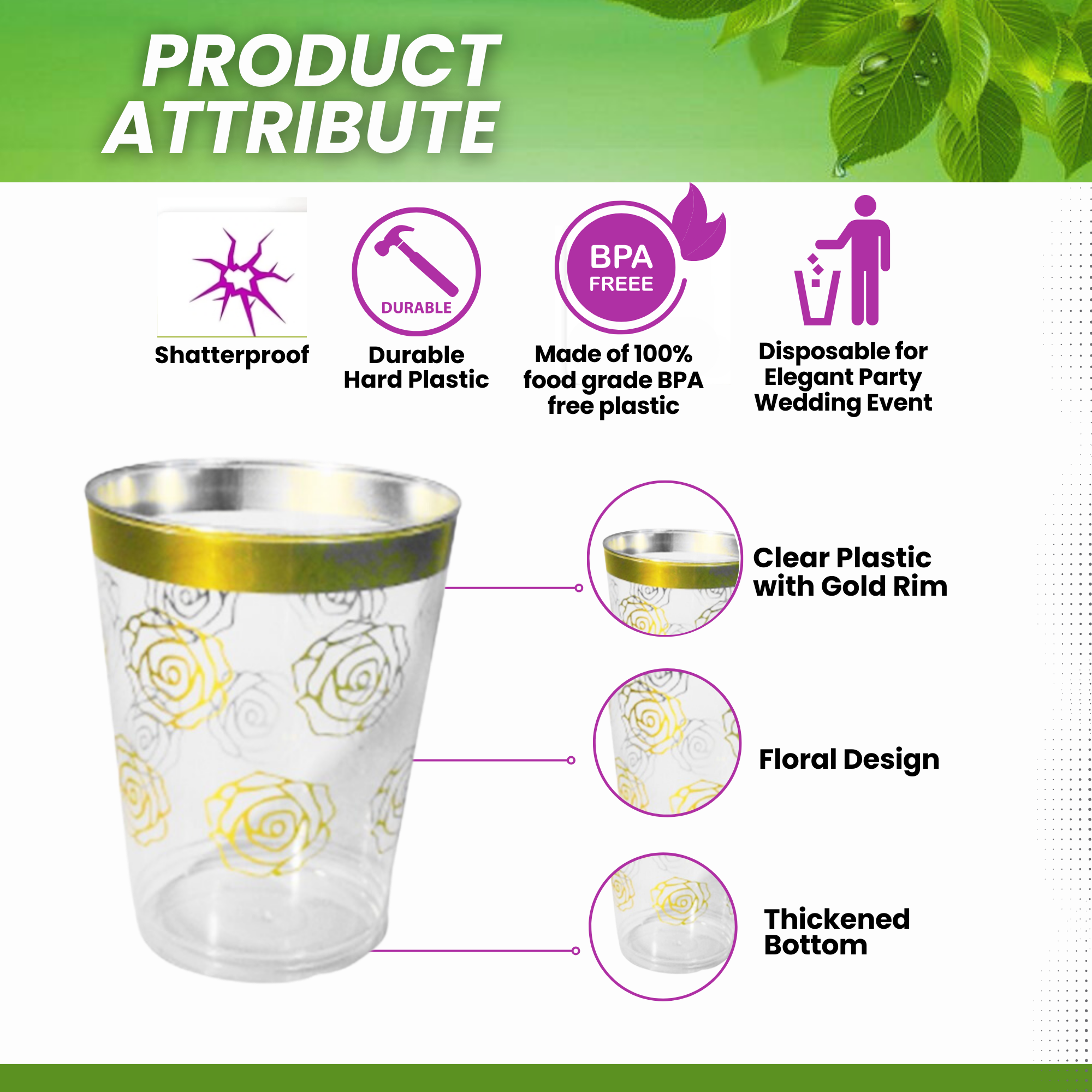Glasses, Disposable, Plastic, 10oz.capacity, Elegant Gold Rim with Unique Floral Design, 50 pack
