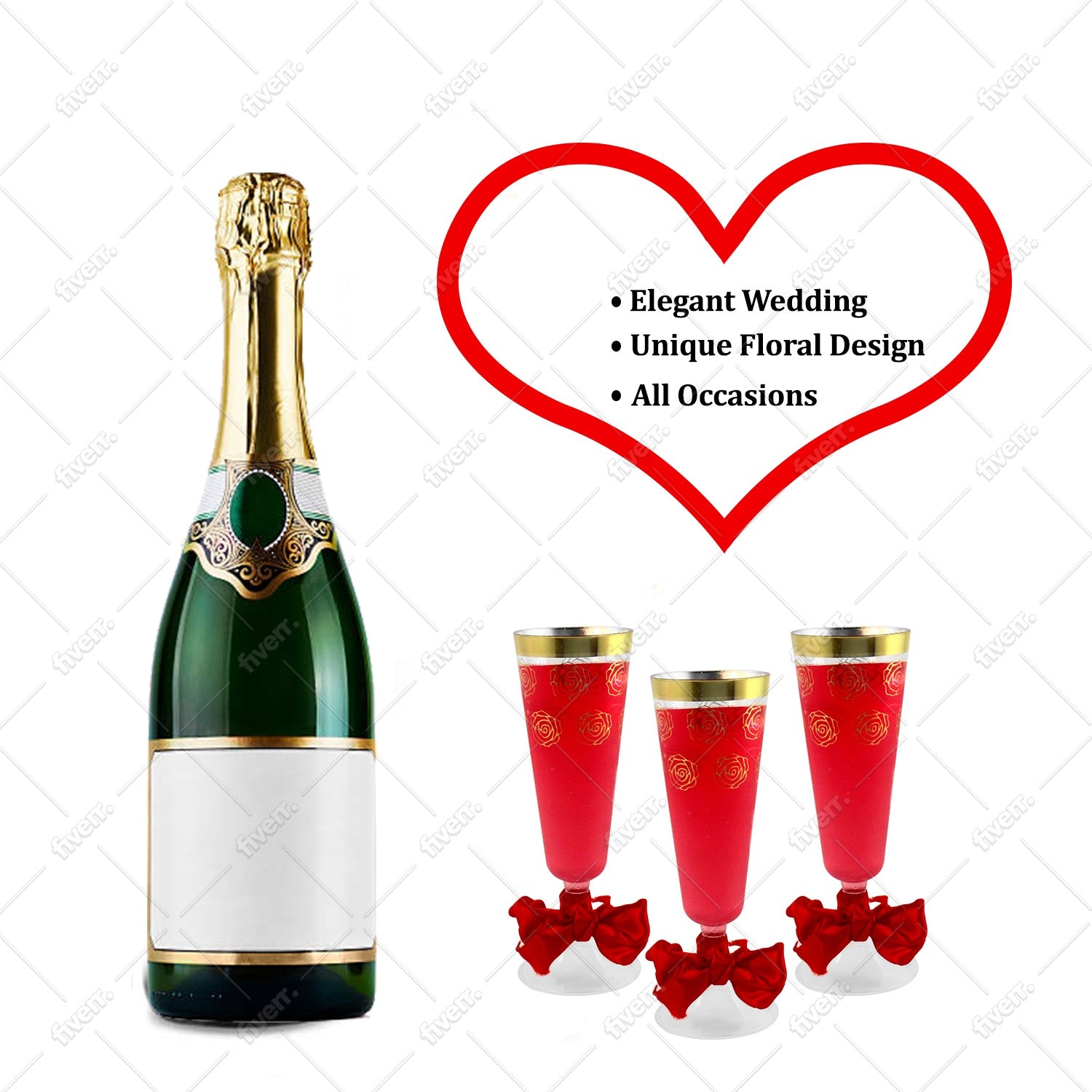 Champagne Flutes, 30 Disposable Plastic, with Elegant Gold rim and Floral design