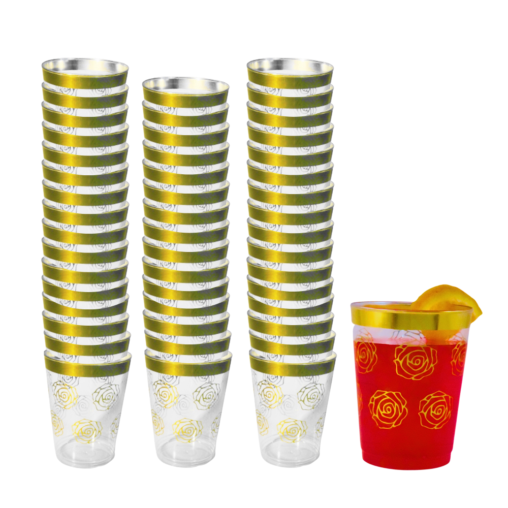 Glasses, Disposable, Plastic, 10oz.capacity, Elegant Gold Rim with Unique Floral Design, 50 pack
