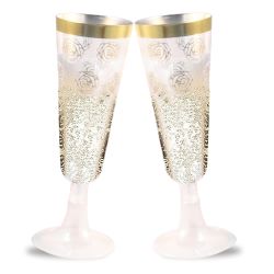 Champagne Flutes, 30 Disposable Plastic, with Elegant Gold rim and Floral design