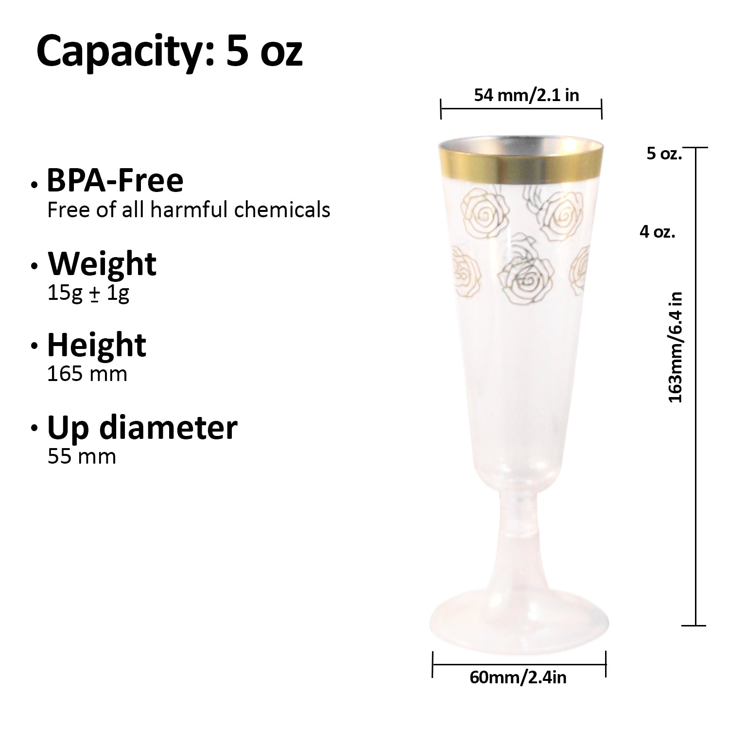 Champagne Flutes, 30 Disposable Plastic, with Elegant Gold rim and Floral design