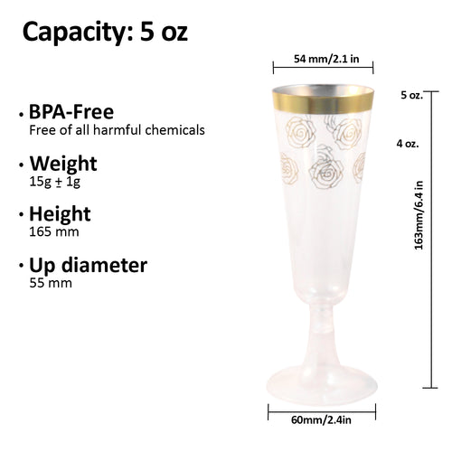 Champagne Flutes, 30 Disposable Plastic, with Elegant Gold rim and Floral design