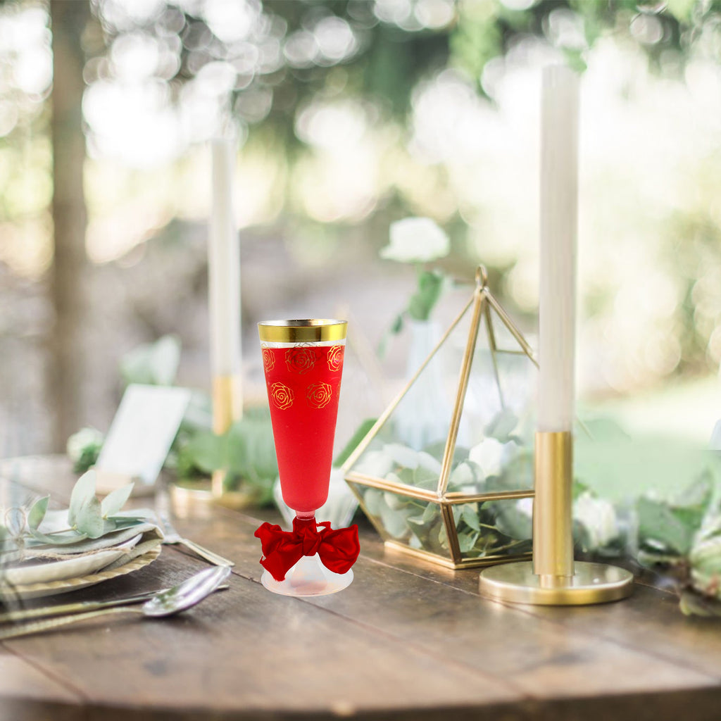 Champagne Flutes, 30 Disposable Plastic, with Elegant Gold rim and Floral design