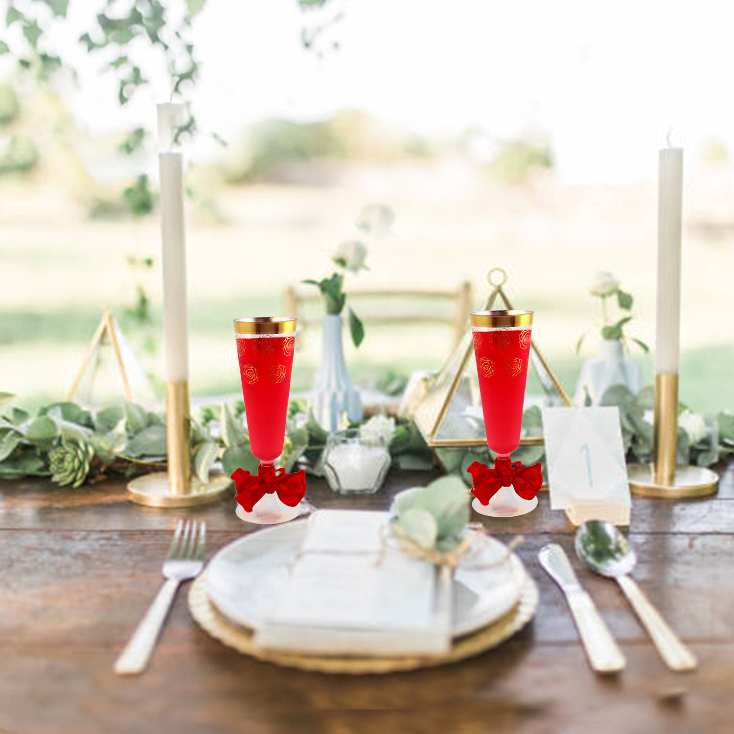 Champagne Flutes, 30 Disposable Plastic, with Elegant Gold rim and Floral design